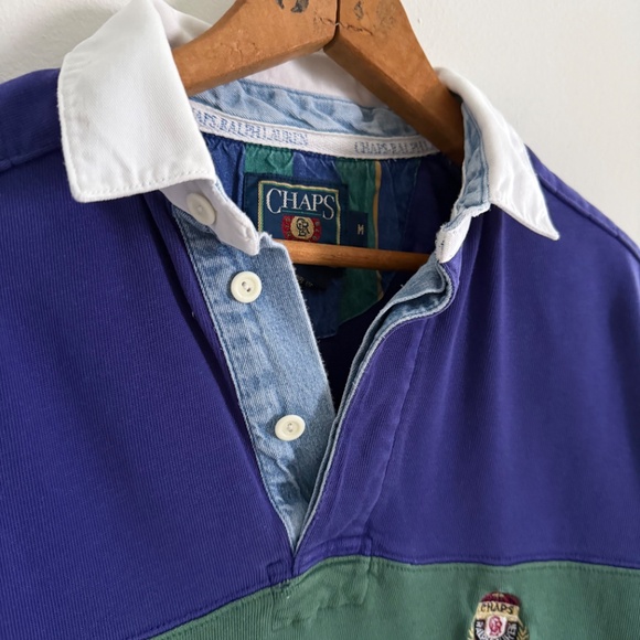 Vintage Ralph Lauren Chaps Rugby Shirt Mens M Navy Green Stripe 90s Preppy Bloke - Picture 2 of 12